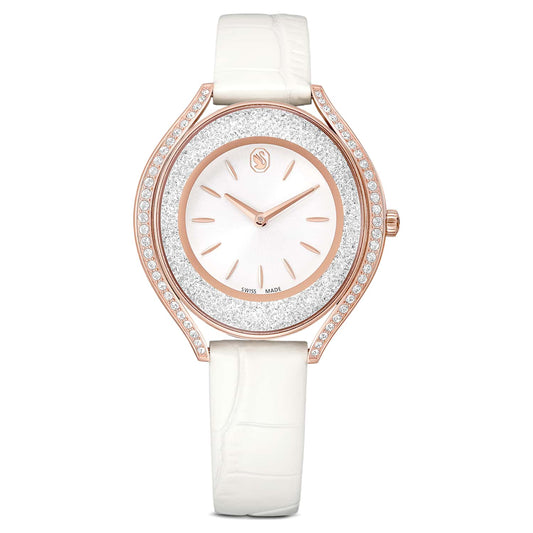 Crystalline aura watch, Swiss Made, Leather strap, White, Rose gold-tone finish