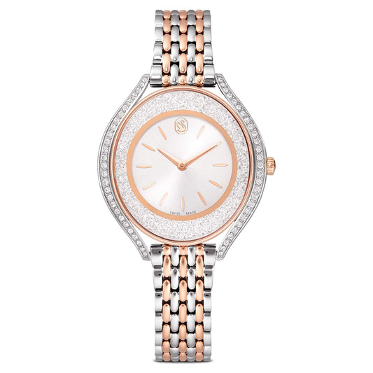 Crystalline aura watch, Swiss Made, Metal bracelet, Rose gold tone, Mixed metal finish