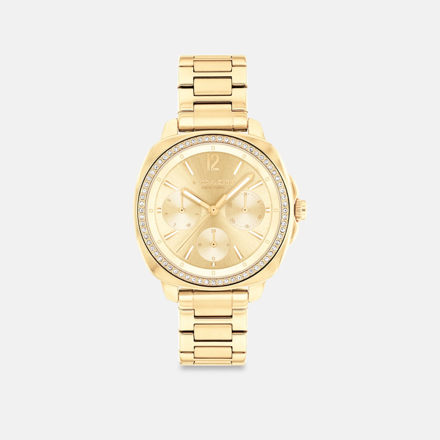 Women's Coach Kitt Chronograph Watch, 34 Mm in Gold, style CX859 #color_Gold — front view