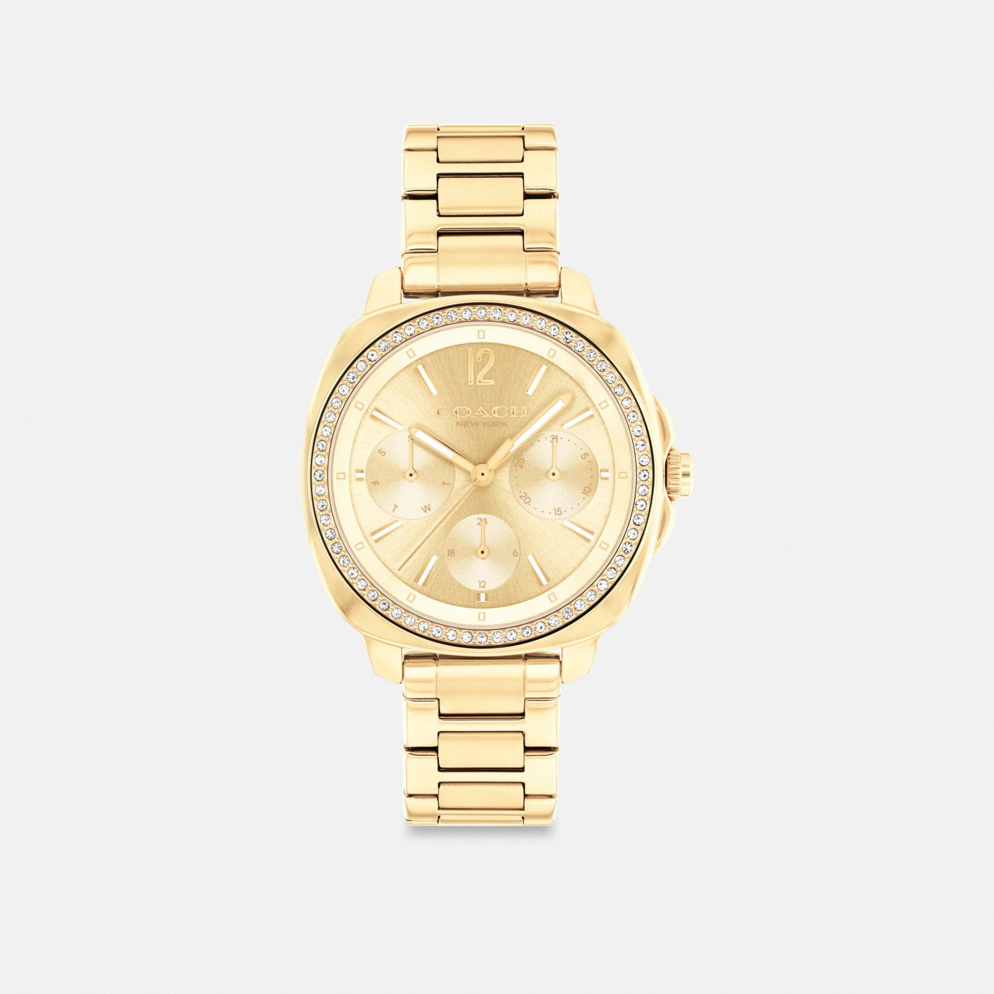 Women's Coach Kitt Chronograph Watch, 34 Mm in Gold, style CX859 #color_Gold — front view