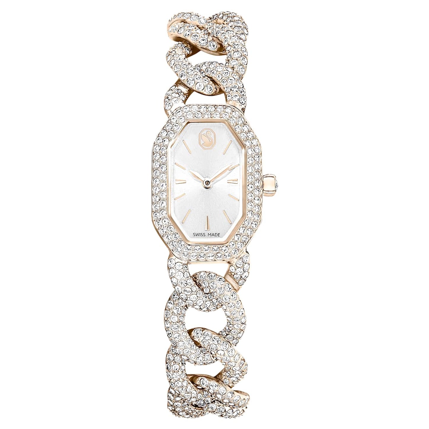 Dextera chain watch, Swiss Made, Crystal bracelet, White, Champagne gold-tone finish