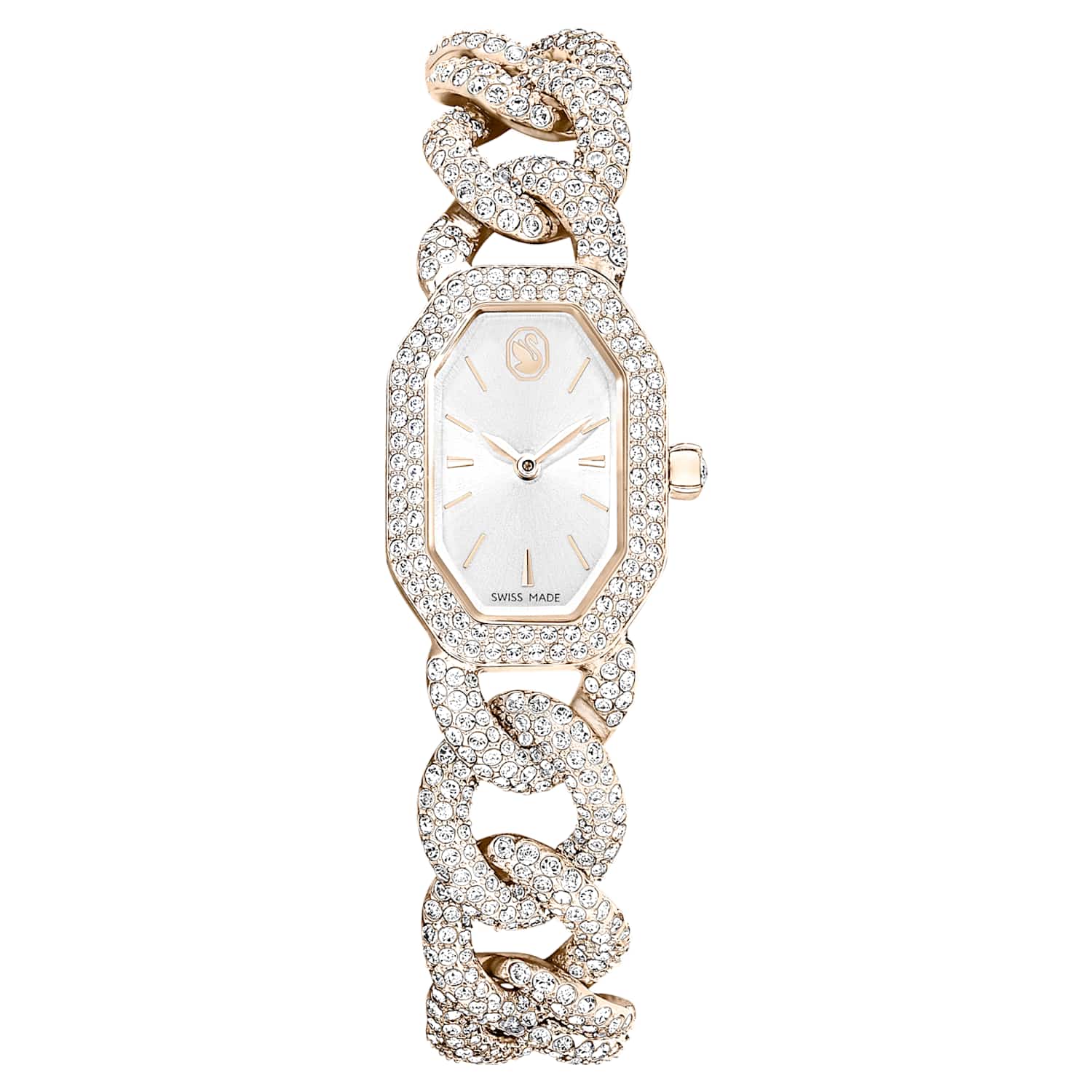 Dextera chain watch, Swiss Made, Crystal bracelet, White, Champagne gold-tone finish