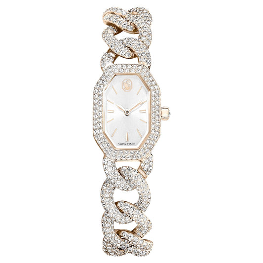 Dextera chain watch, Swiss Made, Crystal bracelet, White, Champagne gold-tone finish