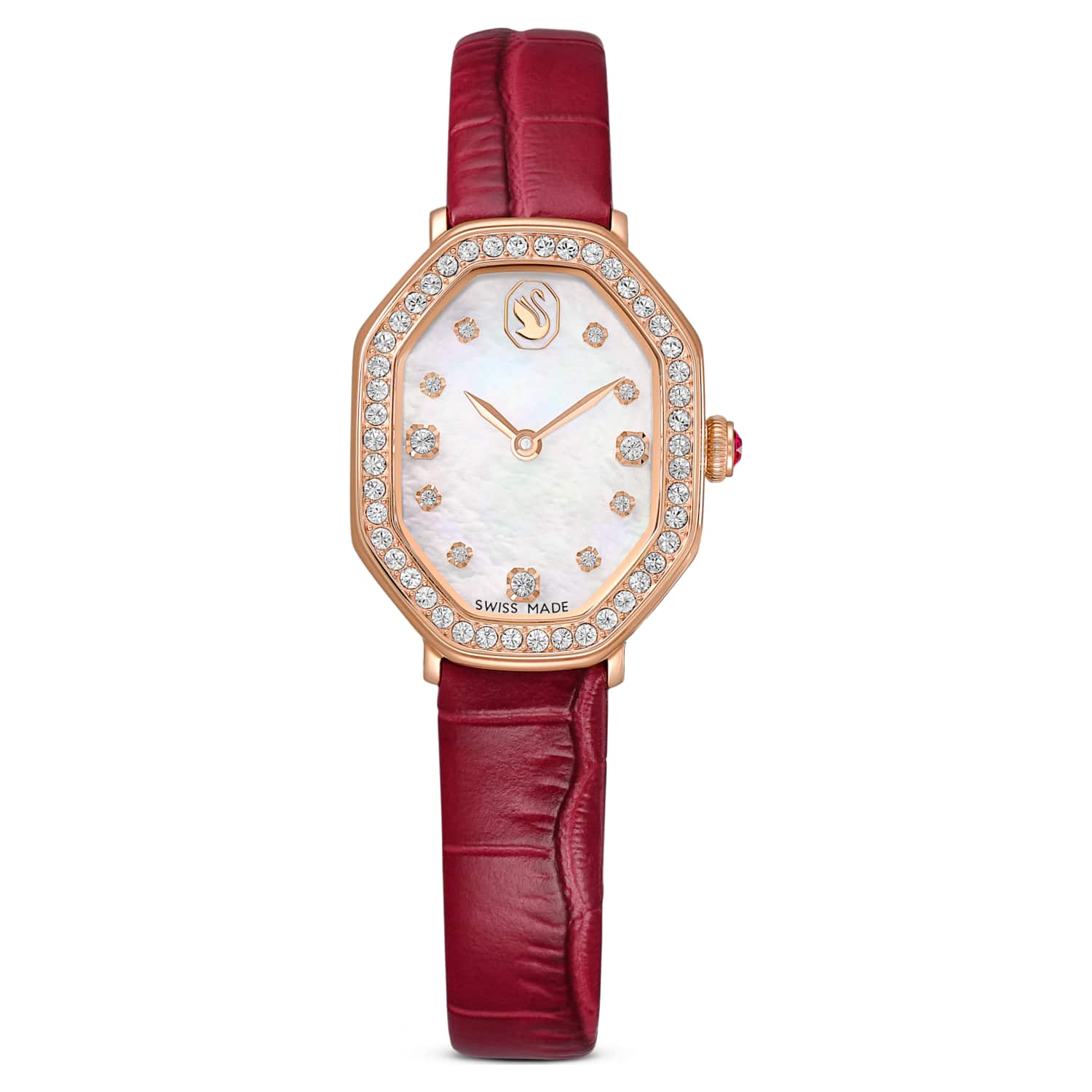 Dextera octagon watch, Swiss Made, Leather strap, Red, Rose gold-tone finish