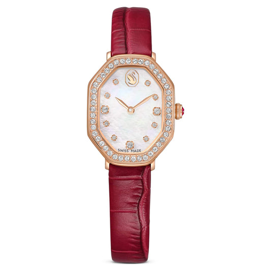 Dextera octagon watch, Swiss Made, Leather strap, Red, Rose gold-tone finish
