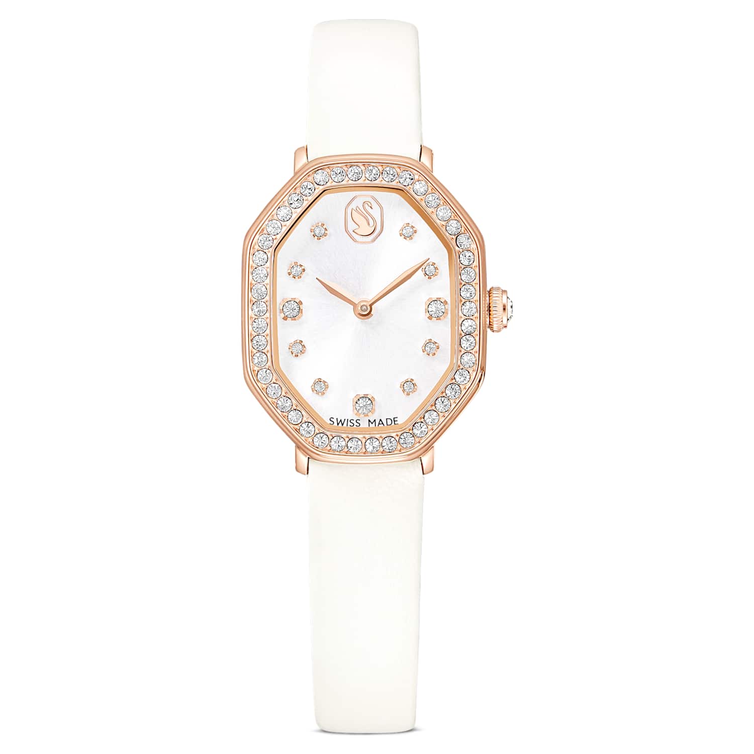 Dextera octagon watch, Swiss Made, Leather strap, White, Rose gold-tone finish