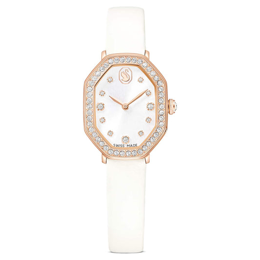 Dextera octagon watch, Swiss Made, Leather strap, White, Rose gold-tone finish