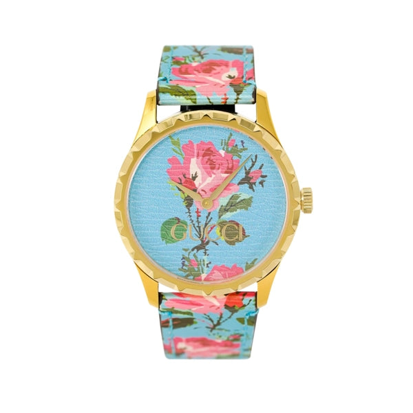 Gucci G-Timeless YA1264085 Ladies 38mm Aqua Floral Dial Leather Watch