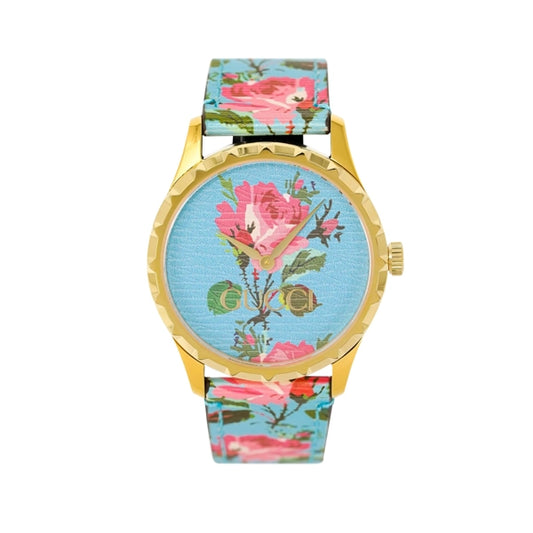 Gucci G-Timeless YA1264085 Ladies 38mm Aqua Floral Dial Leather Watch