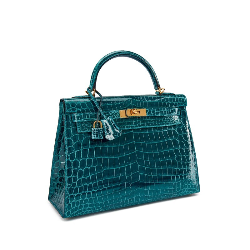 Hermès Bleu Colvert Shiny Niloticus Crocodile Kelly 32 Sellier with Gold Hardware