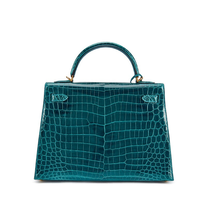 Hermès Bleu Colvert Shiny Niloticus Crocodile Kelly 32 Sellier with Gold Hardware
