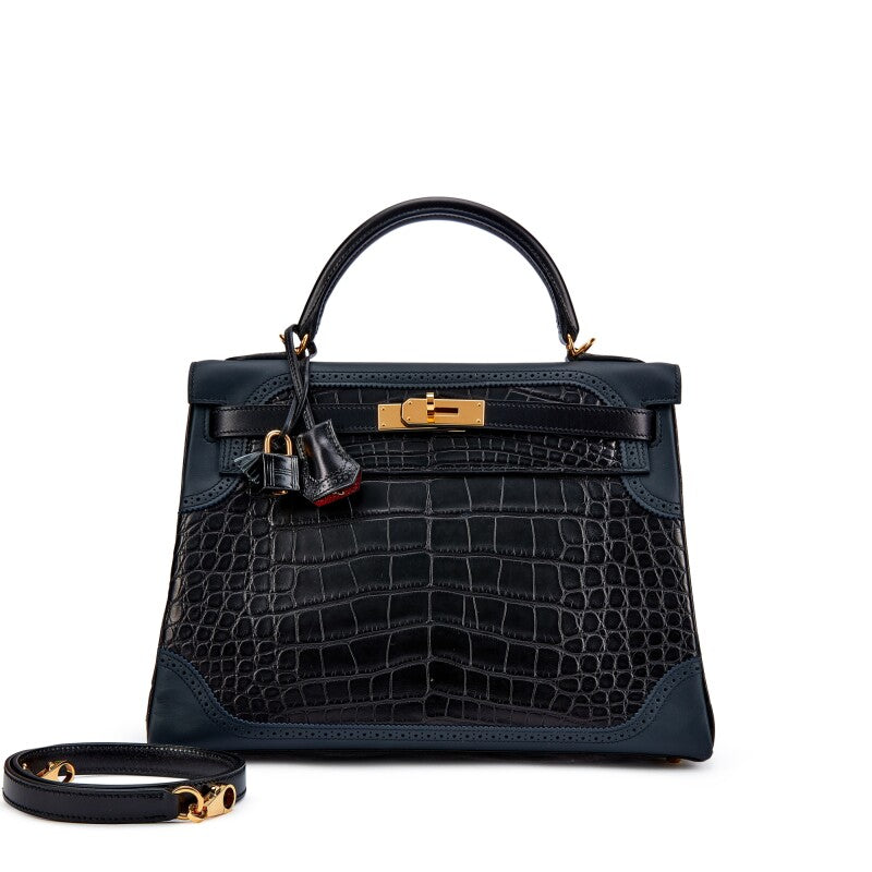 Hermès Limited Edition Ghillies Kelly 32 Retourne – Black & Bleu Indigo Matte Alligator, Swift, Sombrero & Rouge H Verso with Gold Hardware (2016) - Zeuskicks