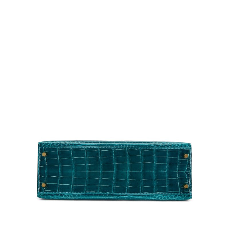 Hermès Bleu Colvert Shiny Niloticus Crocodile Kelly 32 Sellier with Gold Hardware