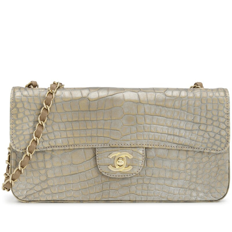 Chanel Metallic Silver & Taupe Alligator East West Classic Flap Bag Aged Gold Hardware (2008)