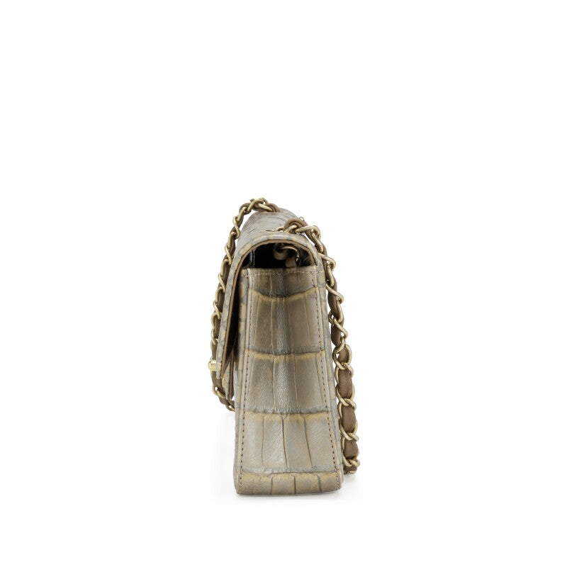 Chanel Metallic Silver & Taupe Alligator East West Classic Flap Bag Aged Gold Hardware (2008)