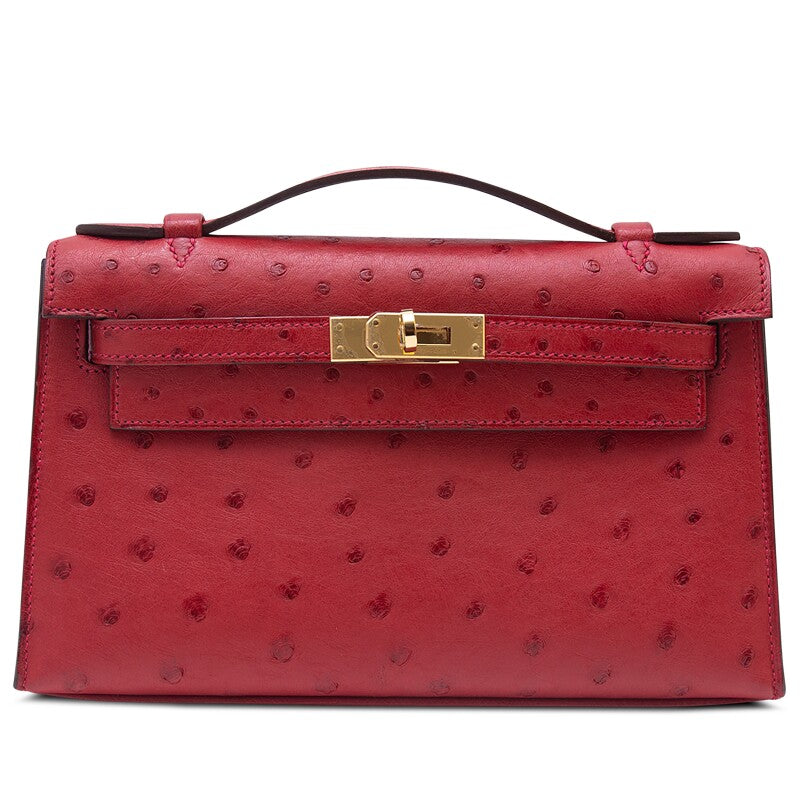 Hermes Kelly Pochette — Ostrich Leather Rouge Vif with Gold Hardware - Zeuskicks