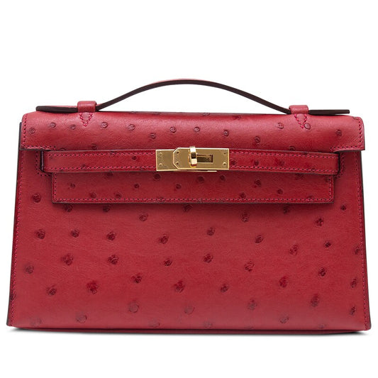 Hermes Kelly Pochette — Ostrich Leather Rouge Vif with Gold Hardware - Zeuskicks