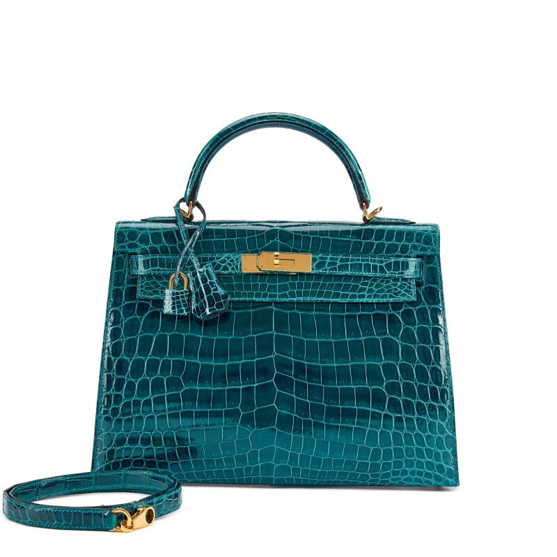 Hermès Bleu Colvert Shiny Niloticus Crocodile Kelly 32 Sellier with Gold Hardware