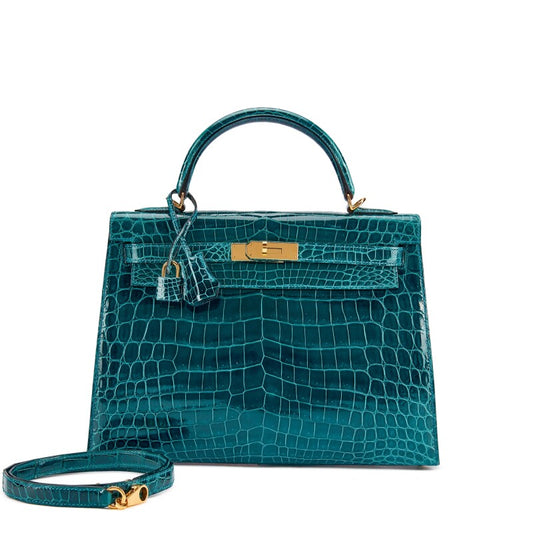 Hermès Bleu Colvert Shiny Niloticus Crocodile Kelly 32 Sellier with Gold Hardware