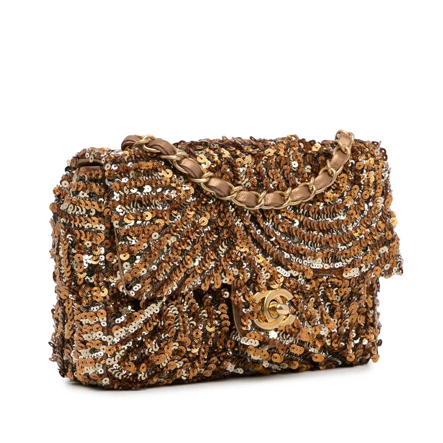 Chanel Mini Sequins Rectangular Single Flap – Gold Satin
