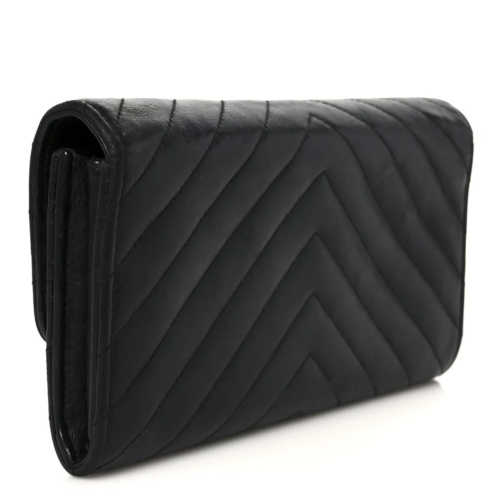 Chanel Calfskin Chevron Quilted Large Gusset Flap Wallet – Black