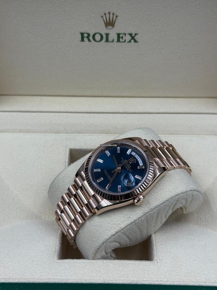 Men’s Rolex Day-Date 36 Ref. 128235 Rose Gold Blue Baguette Dial Automatic Watch