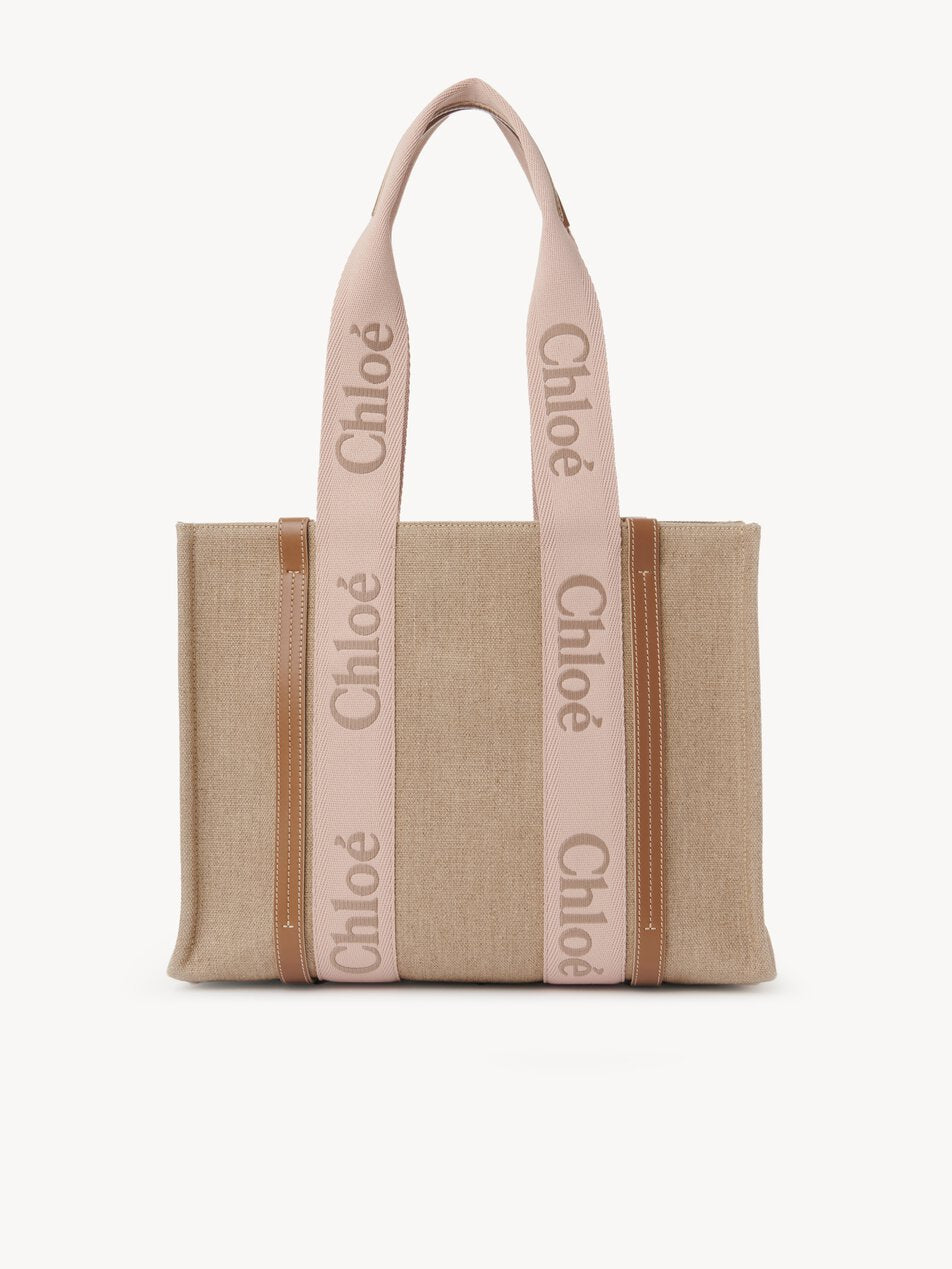 CHLOE Woody tote bag in linen Blushy Beige by CHLOE
