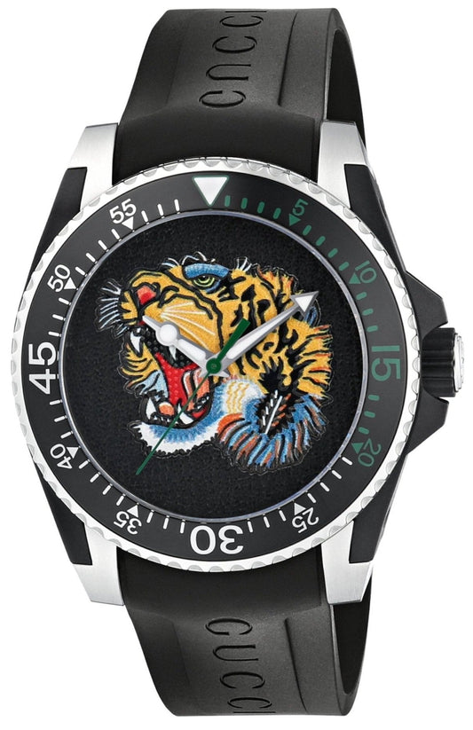 Gucci Dive YA136318 black tiger-dial watch with black rubber strap