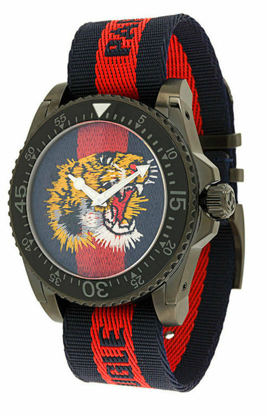 Men’s Gucci YA136215 Dive Quartz Blue Red Web Dial Tiger Embroidery Watch