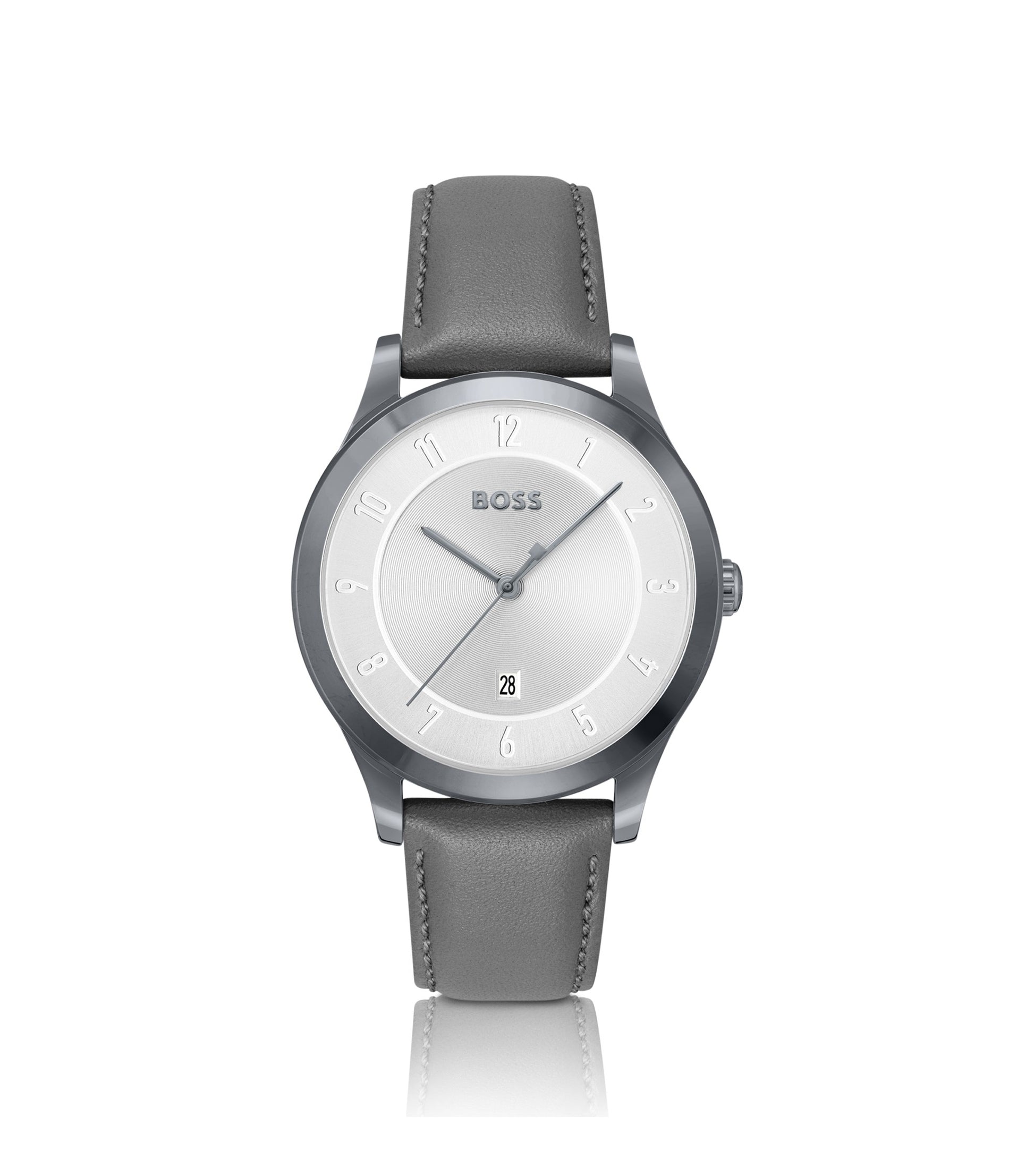 THREEHAND Grey-plated watch with leather strap