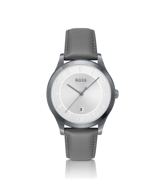 THREEHAND Grey-plated watch with leather strap