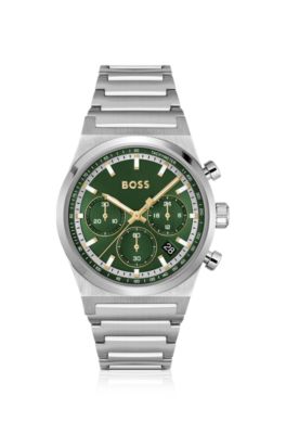 Green-dial chronograph watch in silver-tone steel