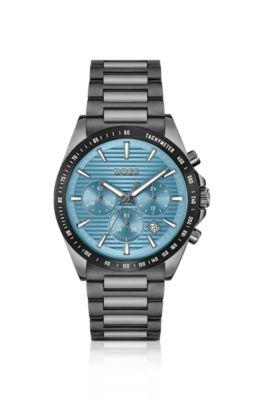Grey-plated chronograph watch with blue ridged dial