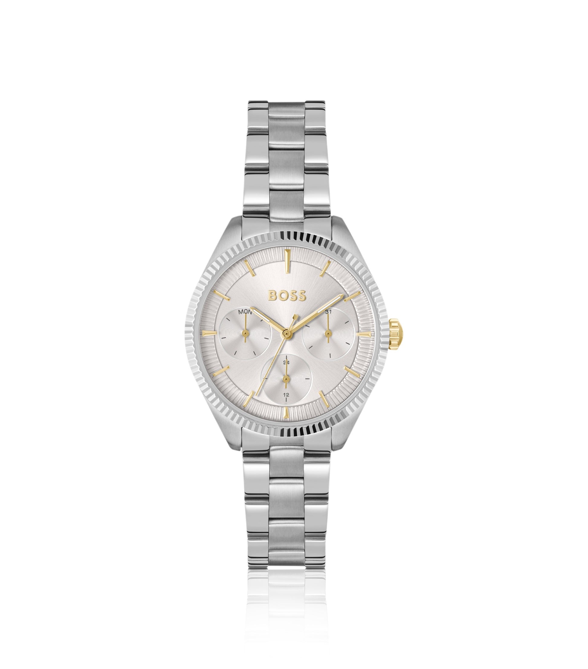 Silver-tone watch with fluted bezel