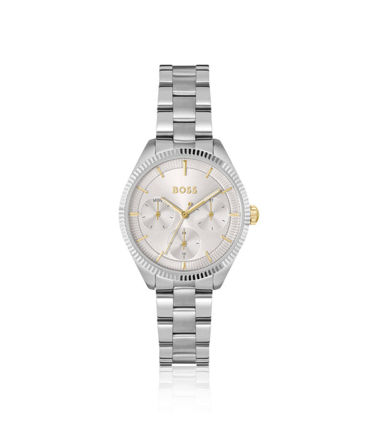 Silver-tone watch with fluted bezel