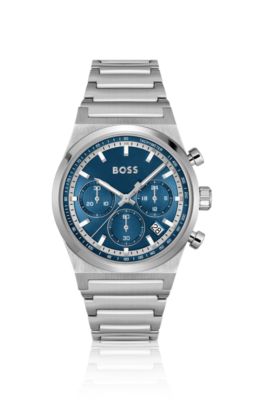 Silver-tone chronograph watch with blue dial