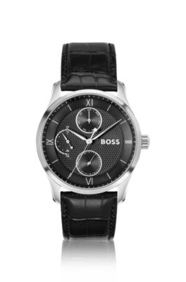 PRINCIPLE MASTER Black-textured-dial watch with leather strap