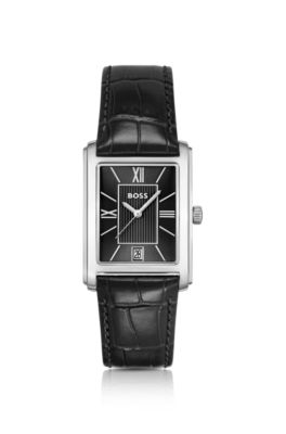 PRINCIPLE DRESS Black-dial watch with alligator-embossed leather strap