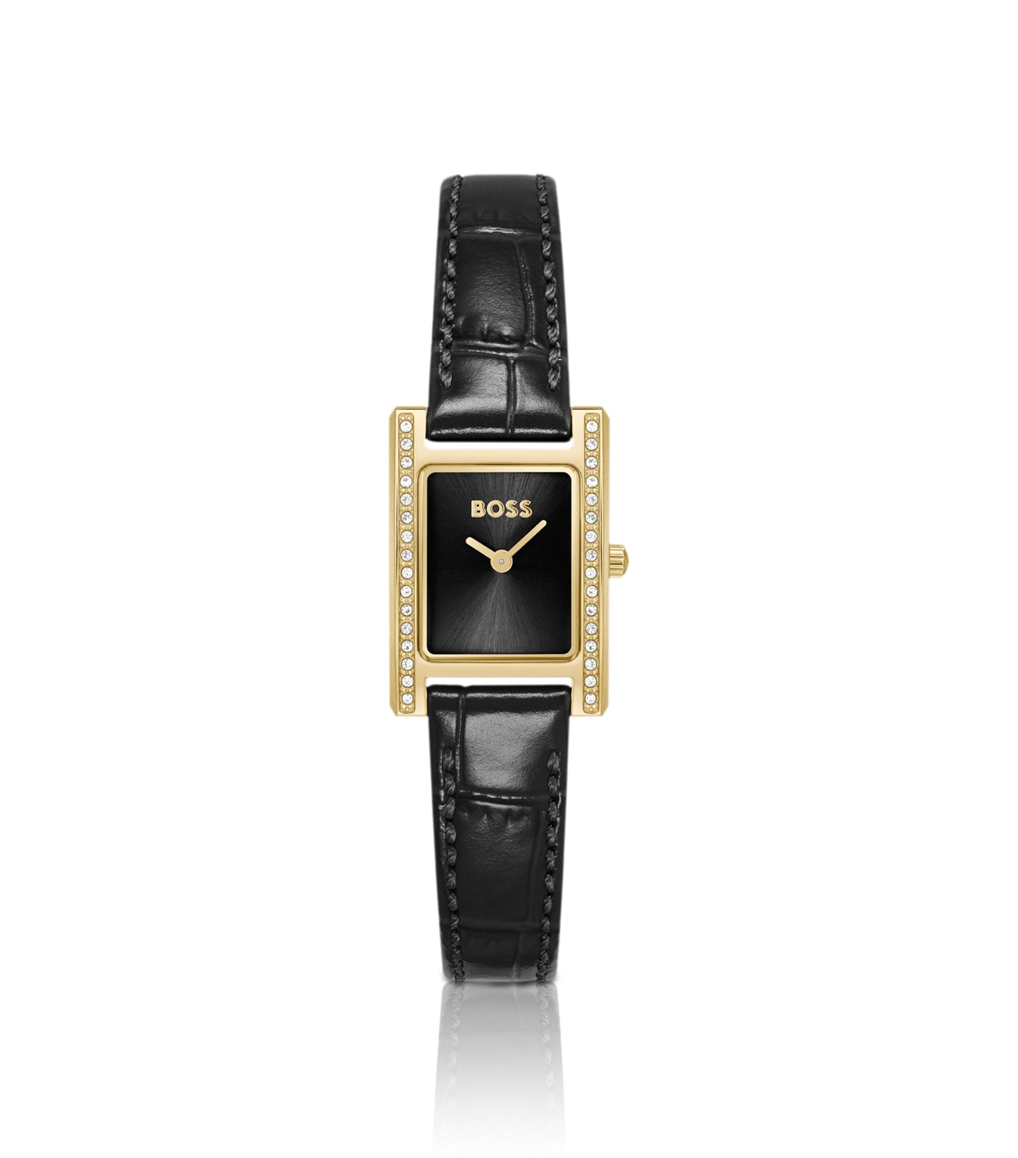 LUCY PRECIOUS Crystal-embellished black-dial watch with matching leather strap