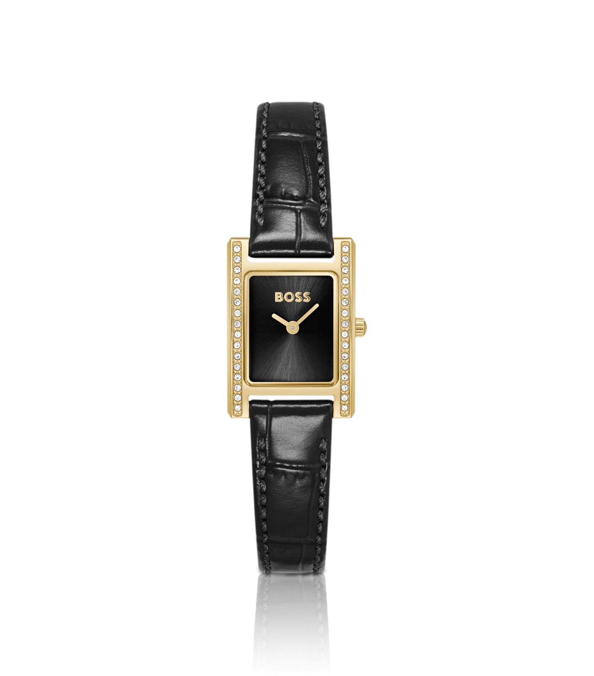 LUCY PRECIOUS Crystal-embellished black-dial watch with matching leather strap