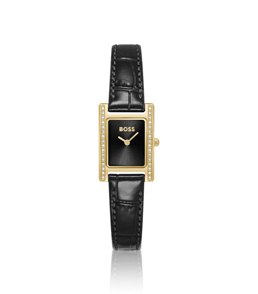 LUCY PRECIOUS Crystal-embellished black-dial watch with matching leather strap