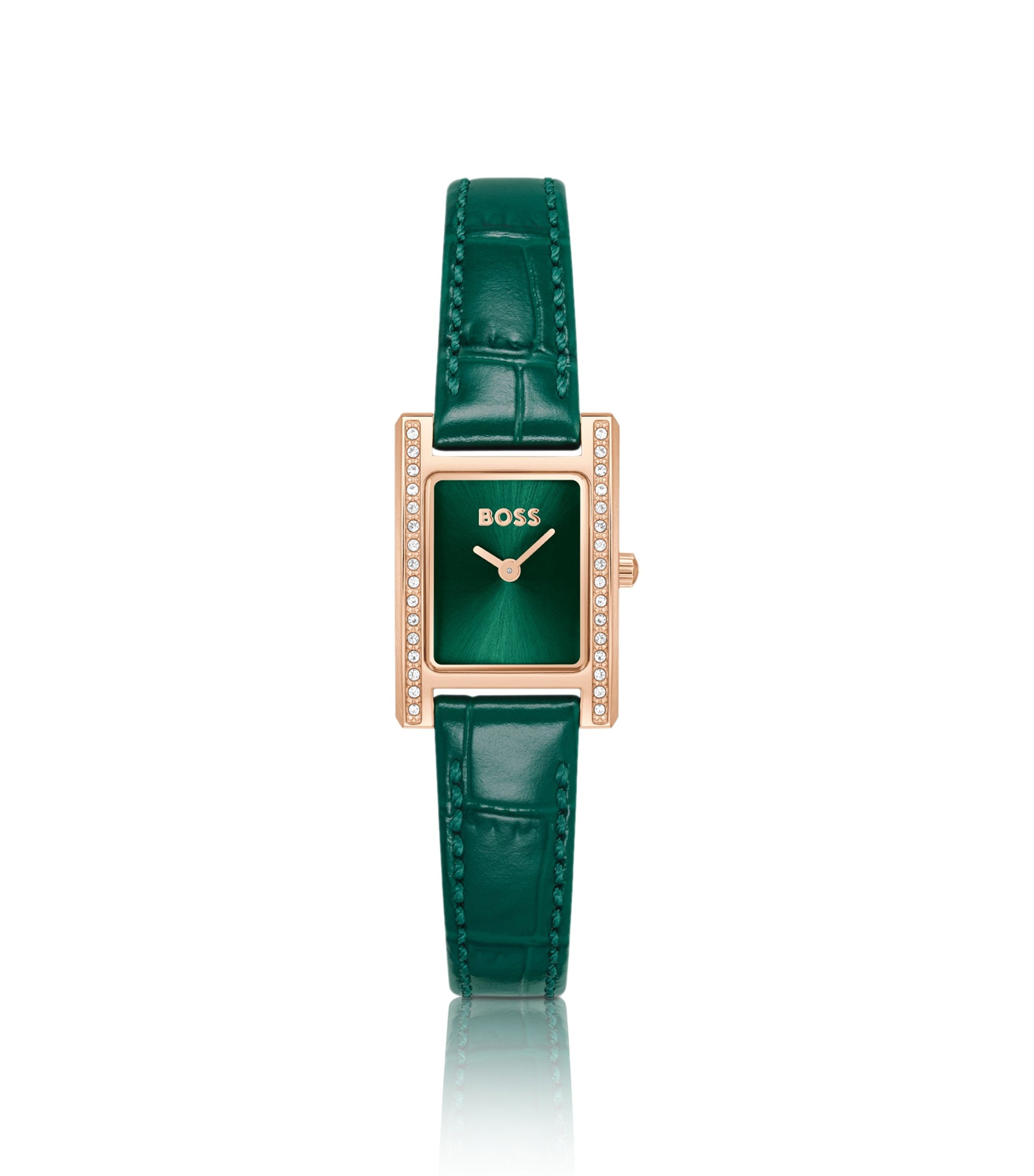 Crystal-embellished green-dial watch with green leather strap