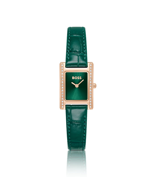 Crystal-embellished green-dial watch with green leather strap