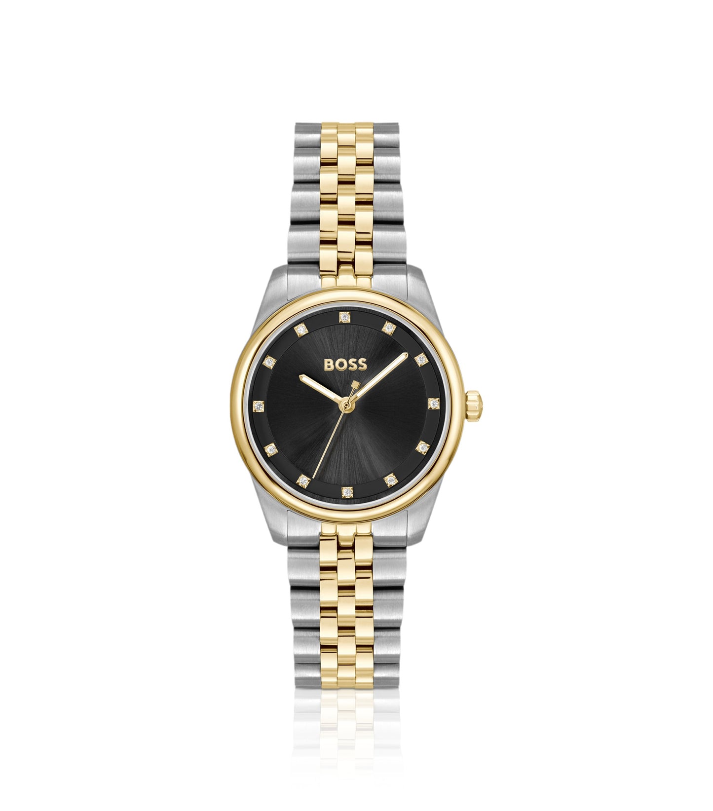 Black-dial watch with two-tone bracelet