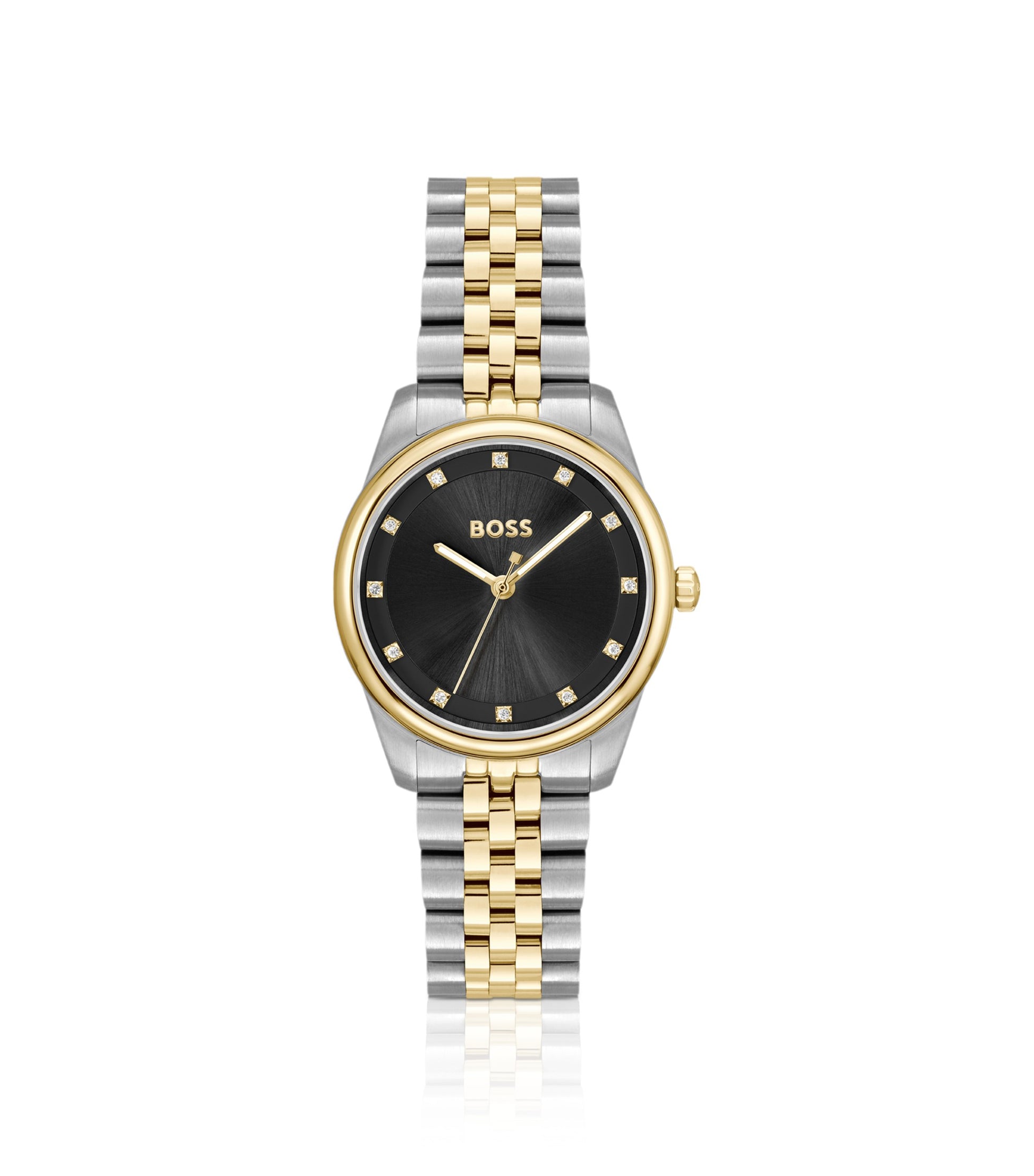 Black-dial watch with two-tone bracelet
