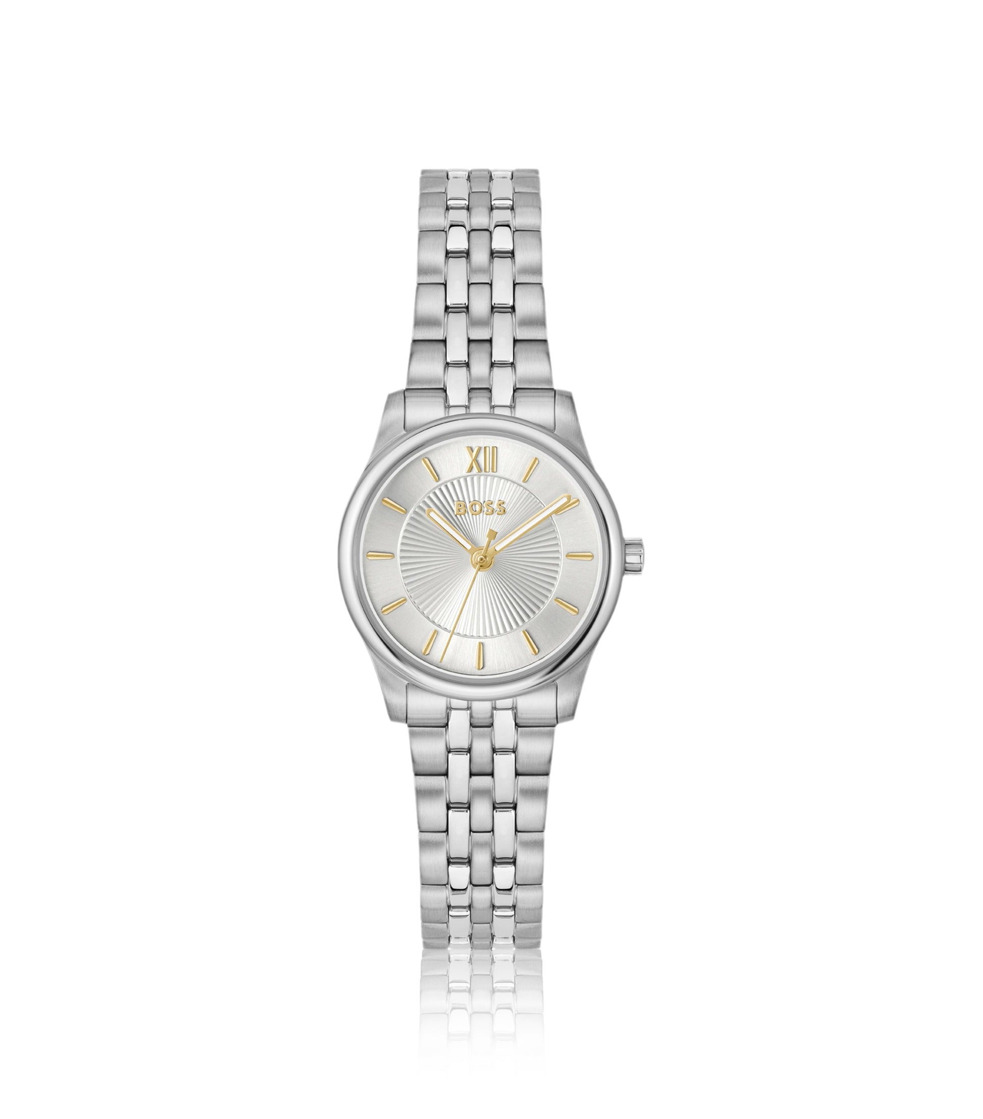 Graceful silver-tone watch with sunburst-patterned dial