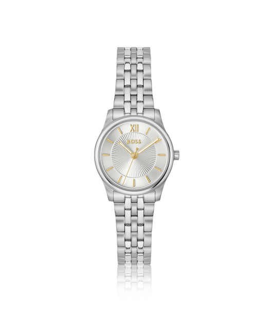 Graceful silver-tone watch with sunburst-patterned dial