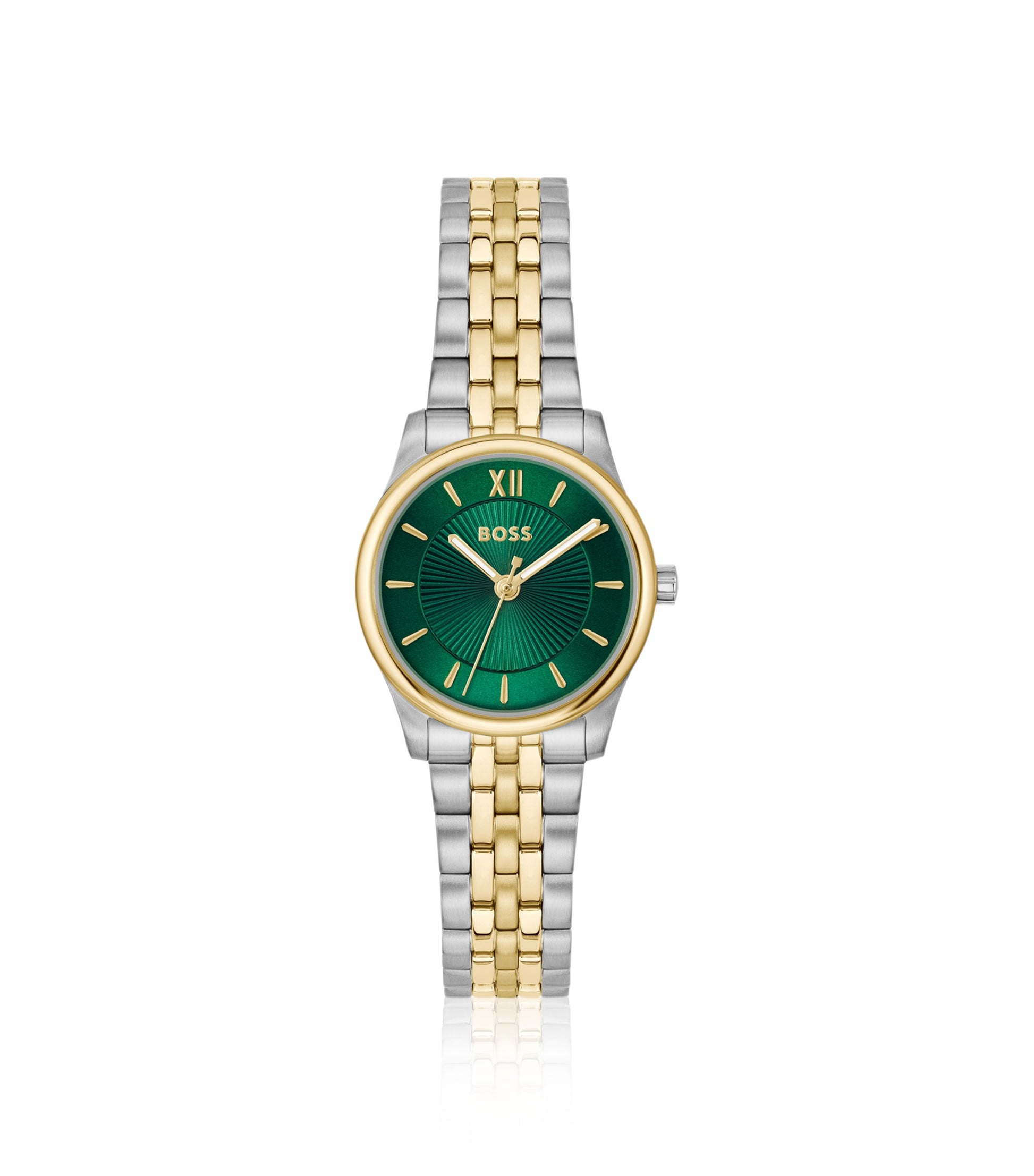 Graceful two-tone watch with sunburst-patterned dial