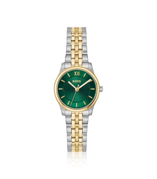Graceful two-tone watch with sunburst-patterned dial