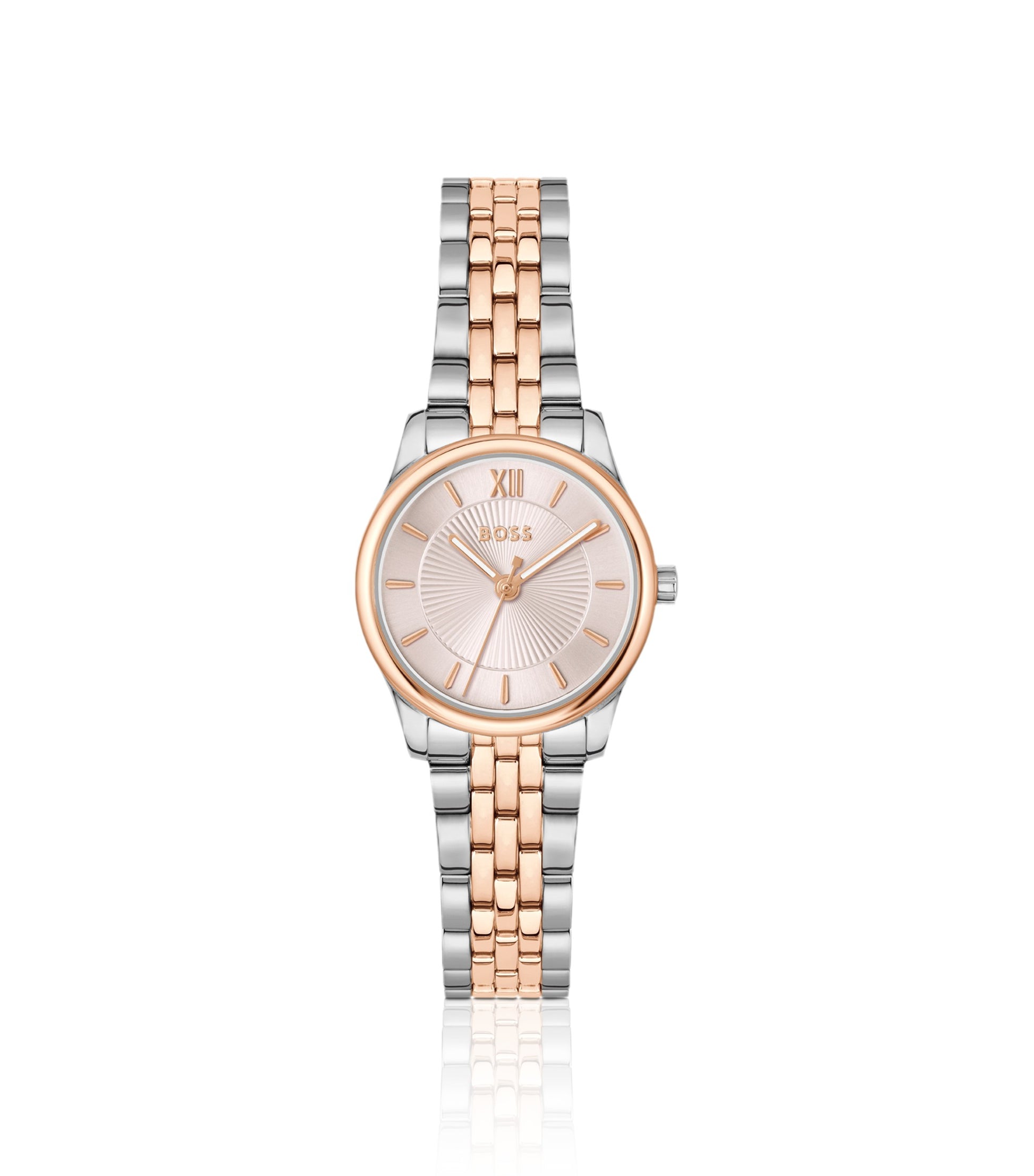 Graceful two-tone watch with pink sunburst-patterned dial